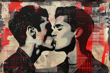 Young gay couple kissing. Contemporary art collage. Pop art retro style. Pride Month, Pride Day in June. Relationship, love, feelings. Freedom and pride LGBT people. Design for poster, print, card