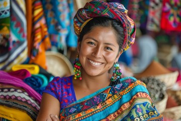 Guatemalan woman in traditional dress smiling in a colorful textile market. Cultural diversity and travel concept. Design for travel brochures, cultural studies.