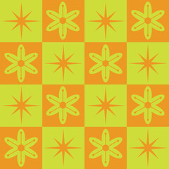 Checkered Mid Century atomic starbursts with retro mod flowers seamless pattern in orange and yellow.  For textile, fabric and home décor