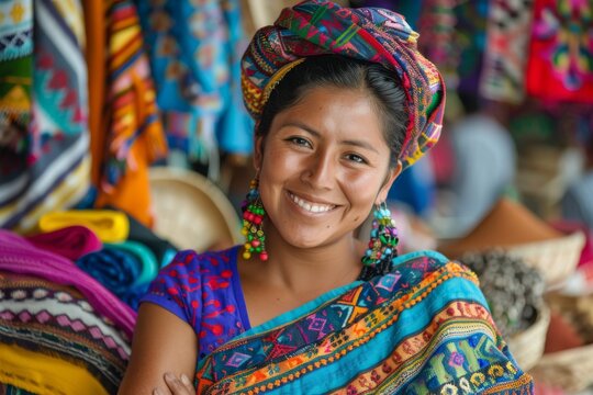 Guatemalan woman in traditional dress smiling in a colorful textile market. Cultural diversity and travel concept. Design for travel brochures, cultural studies.