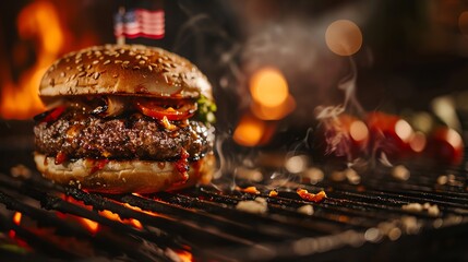 Macro shot of a juicy burger with a small American flag on top, sizzling on the grill at a cheerful 4th of July party