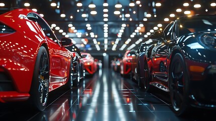 A car dealership showroom filled with shiny new vehicles under bright lights
