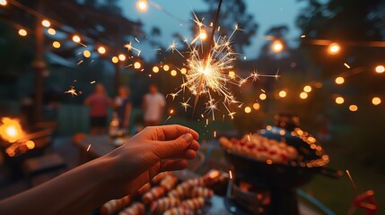 a hands holding sparklers at a 4th of July BBQ, with festive lights and grilled food in the background