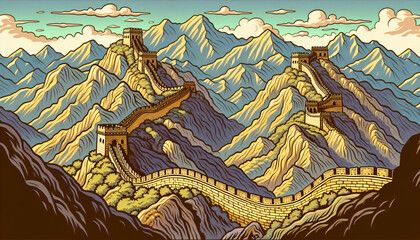 Obraz premium Mountains serve as a background to the majestic golden Great Wall of China.