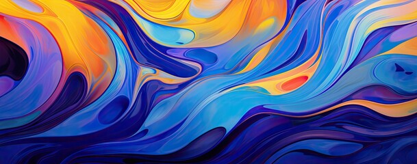 Obraz premium A colorful painting with a blue and yellow swirl. The painting is abstract and has a lot of different colors
