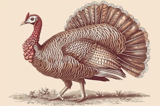 Vintage turkey clipart, drawn with intricate line work and classic styling, evoking a nostalgic feel for holiday menus or historical content