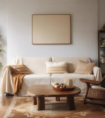Fototapeta premium A mockup of an empty blank wooden frame on the wall in cozy living room, wooden coffee table and sofa with beige fabric cover, wooden floorboard