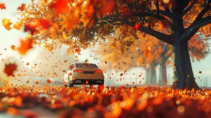 A car parked under a tree with autumn leaves falling around it