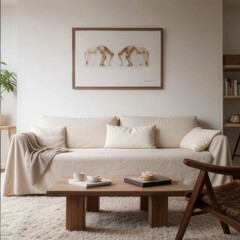 A mockup of an empty blank wooden frame on the wall in cozy living room, wooden coffee table and sofa with beige fabric cover, wooden floorboard