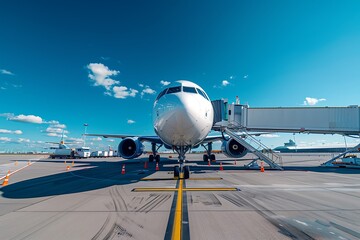 A photo of an airplane being aligned at the airport, with staircases leading to its door and a truck nearby for refueling on the tarmac ground