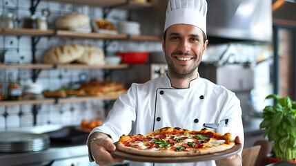 Chef presenting freshly baked pizza