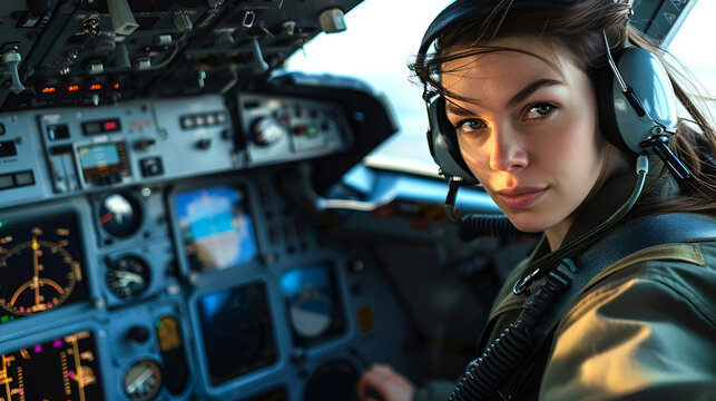 A female pilot in the cockpit of an AI plane is ready for takeoff