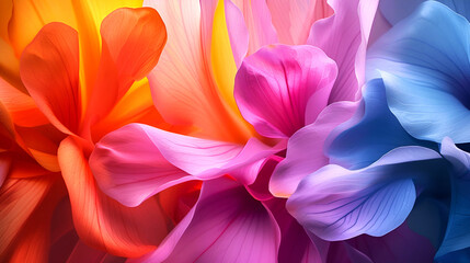 Fototapeta premium A close-up of vibrant, multi-colored flowers in full bloom, showcasing a beautiful gradient of colors under soft light.