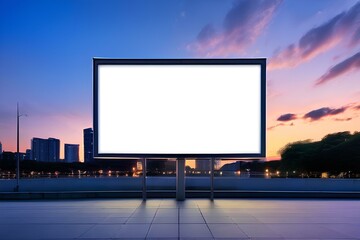 Fototapeta premium Blank advertising billboard LCD advertisement with modern city and nice sky in evening time background. Outdoor pole billboard with blank white horizontal screen.