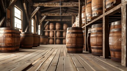 A wine cellar with barrels. A container of wine. Warehouse, storage of alcoholic beverages. An oak barrel. A row of barrels