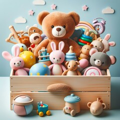 Toy box full of baby kid toys. Container with teddy bear, fluffy and educational wooden toys on light blue background.