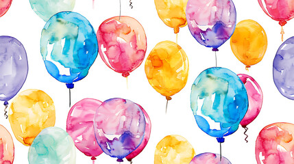 seamless background with watercolor party balloons - white background
