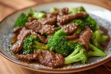 Nutritious Broccoli beef food plate. Food cook. Generate Ai