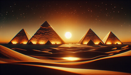 Under the night sky, the Pyramids of Giza shine with a golden aura, highlighting their grandeur.