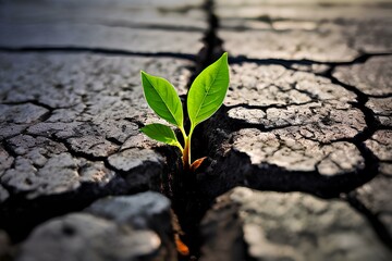 Small green plant growing out of crack in asphalt road. Environmental problems, urbanization, hope and new beginnings.