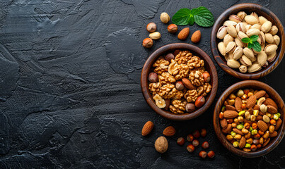 Fototapeta premium Wooden Bowl Filled With Assorted Mixed Nuts - Almonds, Pistachios, Walnuts, Cashews, Hazelnuts On Black Stone Table Top View