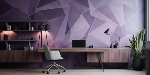 A contemporary home office with wallpaper featuring an abstract geometric design in shades of violet colur paired with a minimalist desk and ergonomic chair.  - Powered by Adobe