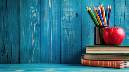 elegant minimalist school background, box of pencils and stack of books with red apple on blue wood and blue background copy space - Powered by Adobe