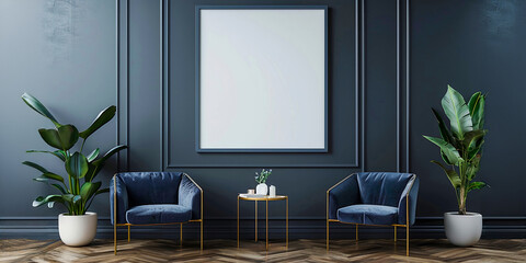 Minimalist Interior Mockup: Modern Design with Dark Blue Armchairs and Brass Side Table - Dark Gray Color Scheme