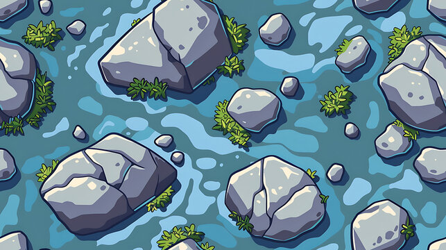 8-Bit Pixel River Stones Pattern - Seamless tile. Endless and repeat print.