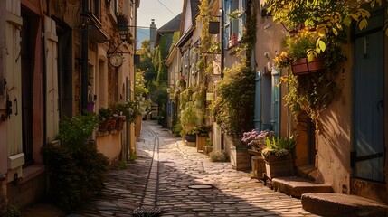 Fototapeta premium Quaint european alley basked in warm sunshine with vibrant flowers and old doors