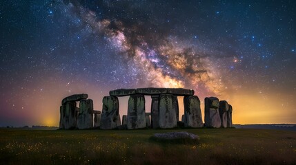 Mystical stonehenge under starry night sky, ancient wonders and galactic dreams