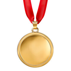 Blank gold medal with red ribbon on transparent background