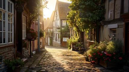Fototapeta premium Charming cobblestone street with historic buildings at sunset
