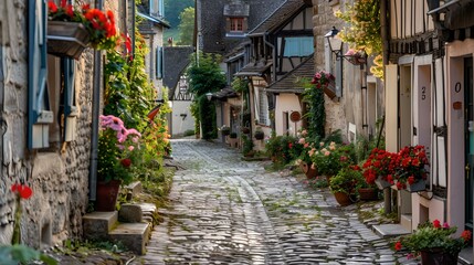 Obraz premium Quaint european cobblestone street lined with flowering plants and historic homes