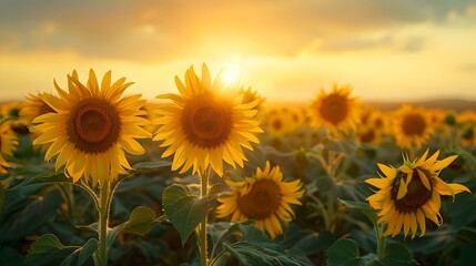 Fototapeta premium Radiant sunflowers basking in golden sunrise light on a field