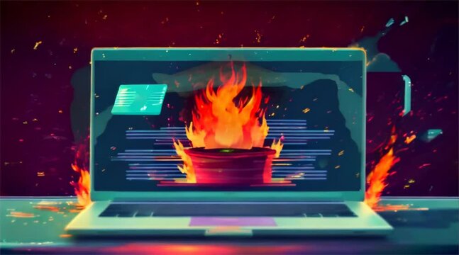 A colorful illustration of a laptop displaying a vivid graphic of flames on its screen, symbolizing overheating or intense processing.
