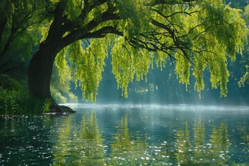 Willow Tree by a Pond: Graceful branches hanging over calm water.