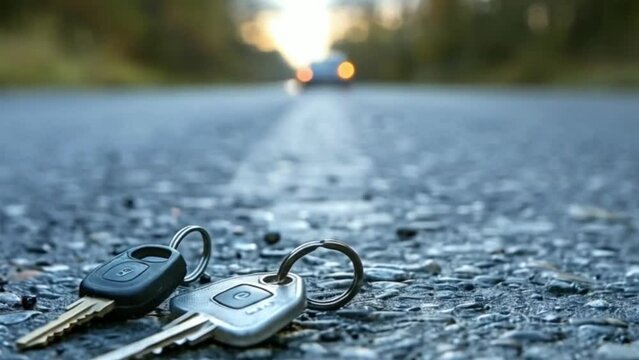 Concept of Lost Keys: Key Left on the Road as Car Drives Away, Symbolizing Misfortune and Negligence