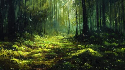 Fototapeta premium Celebrate Earth Day surrounded by the vibrant greenery of a forest where moss carpets the ground and sunlight filters through the trees in a mesmerizing abstract glow