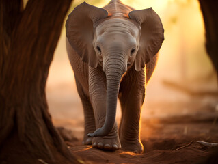 A cute baby elephant exploring its surroundings under the watchful eye of its mother, in a heartwarming family moment