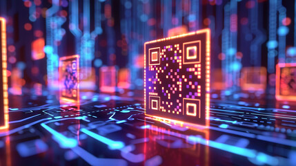 A dynamic digital representation of QR codes with glowing data streams on a circuit board, illustrating high-tech information transfer 