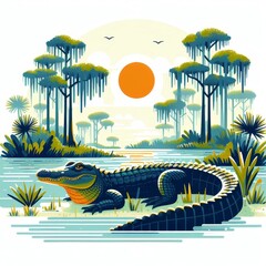 A large crocodile is laying in the water in front of a sun