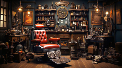 Retro style barbershop interior with traditional armchair.