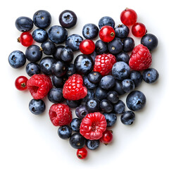 Heart shape made of Red and blue berries top view  isolated on white background