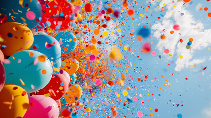 Colorful balloons and confetti ascend into a sunny sky