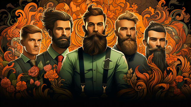 Barber shop theme: A bearded men portrait on creative backdrop.