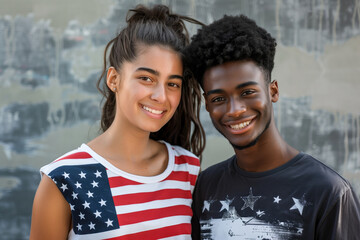 Portrait of a cheerful diverse couple wearing American flag t-shirts
