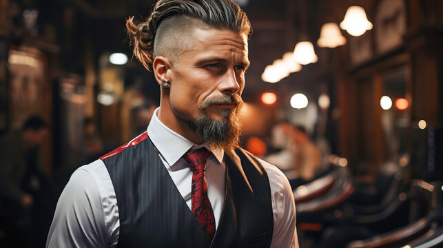 Portrait of a man with stylish haircut in a barbershop after hairstyling.