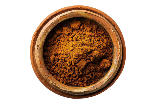 Top view of Rasel hanout spice in a wooden bowl isolated on transparent background