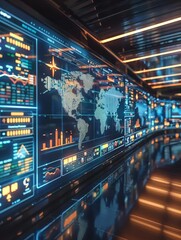 Hightech control room with world maps and data charts on digital screens